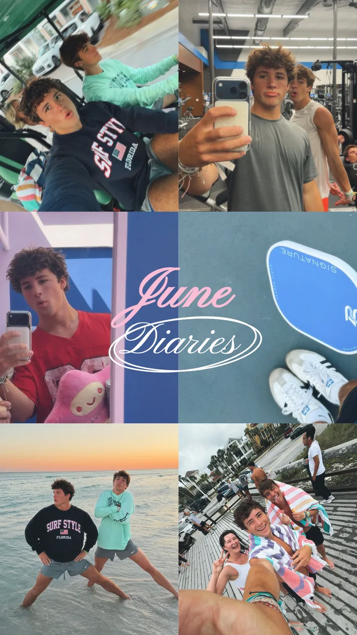 "June Diaries" Retro Script Oval Badge 6-Photo Grid Instagram Story Template template preview