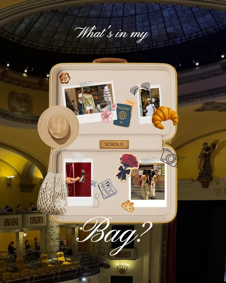 "What's in My Bag?" Vintage Suitcase & European Wanderlust Seamless Instagram Carousel Template — slide 1