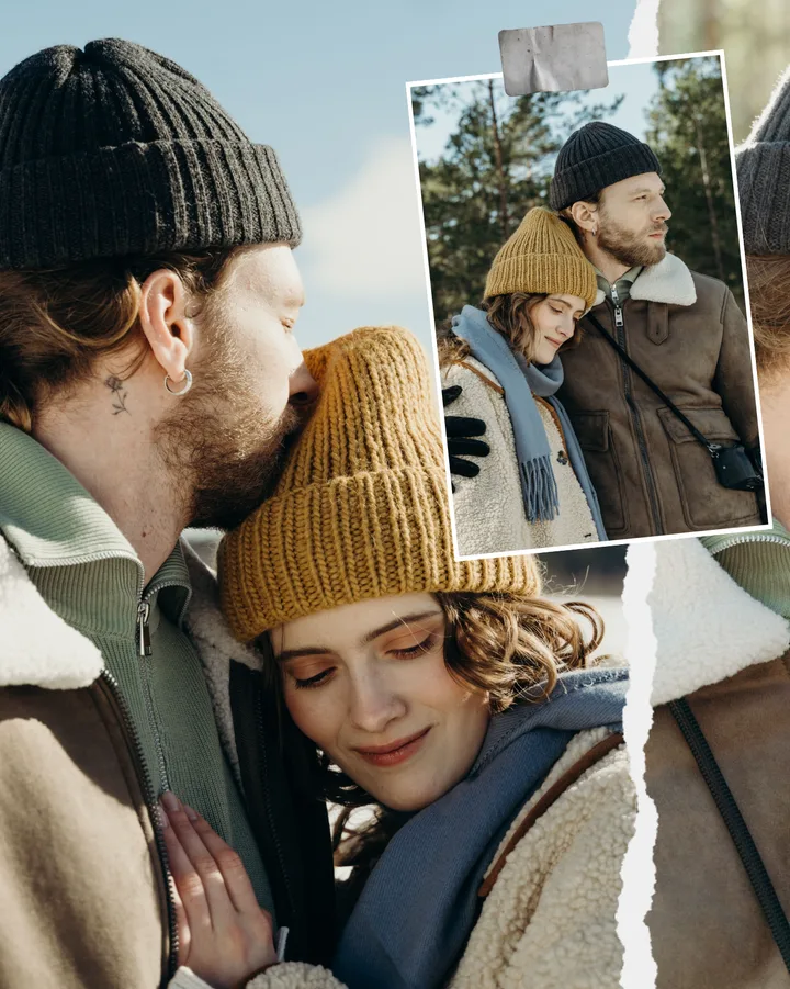 "Winter Scrapbook" Cozy Snowy Couple & Torn Paper Editorial Seamless Instagram Carousel Template — slide 1